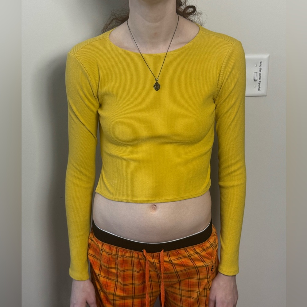 Forever 21 Yellow Ribbed Long Sleeve Crop Top